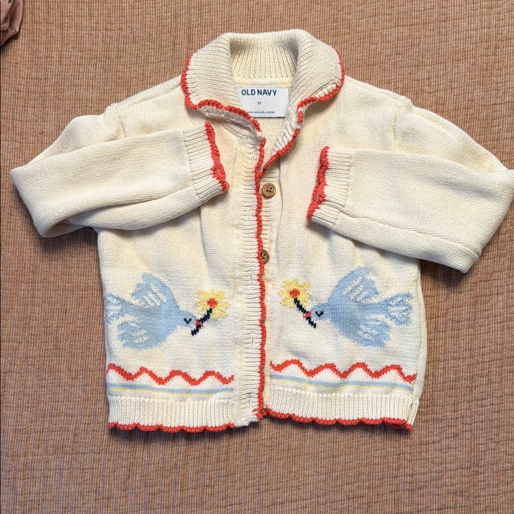 Old Navy Cream Knit Cardigan with Blue Dove Motif - Kids